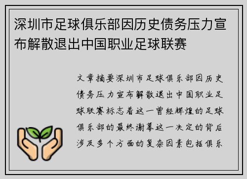 深圳市足球俱乐部因历史债务压力宣布解散退出中国职业足球联赛 深圳市足球俱乐部因历史债务压力宣布解散退出中国职业足球联赛